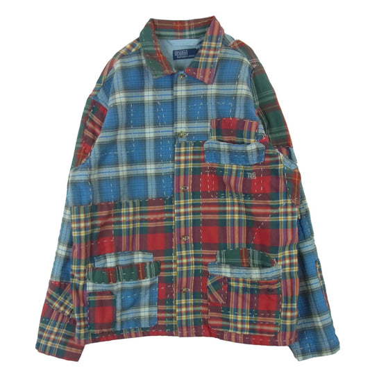 POLO RALPH LAUREN ポロ・ラルフローレン 26SS パッチワーク チェック フランネル オーバー シャツ ジャケット レッド系 ブルー系 グリーン系 XL【美品】【中古】
