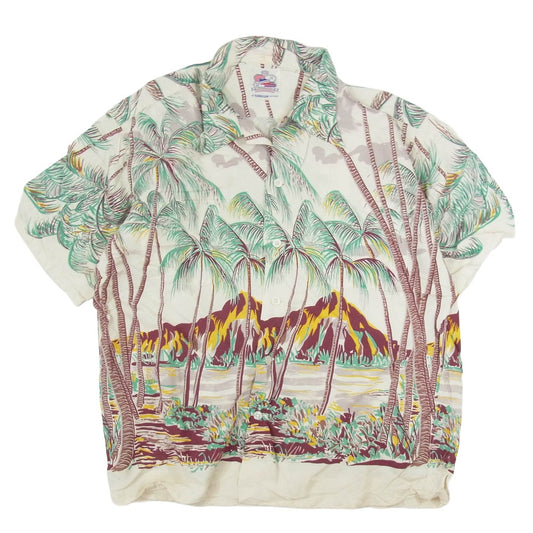 SUN SURF サンサーフ DK36202 DUKE KAHANAMOKU デュークカハナモク SP スペシャル COCONUT PALMS & DIAMOND HEAD アロハ ハワイアン 半袖 シャツ ホワイト系 L【中古】