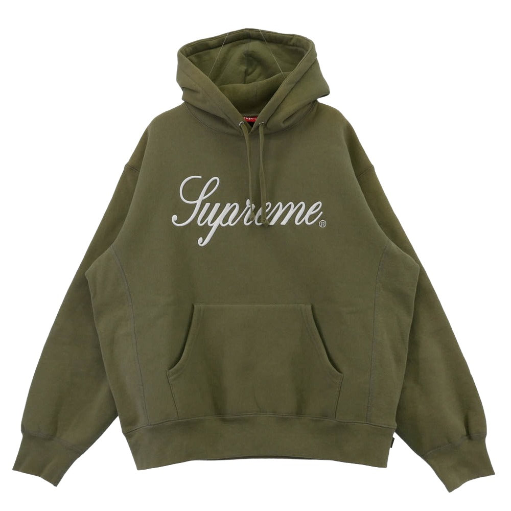 Supreme シュプリーム 23AW Raised Script Hooded Sweatshirt ロゴ刺繍 レイズド スクリプト プルオーバーパーカー フーディ グリーン系 M【中古】