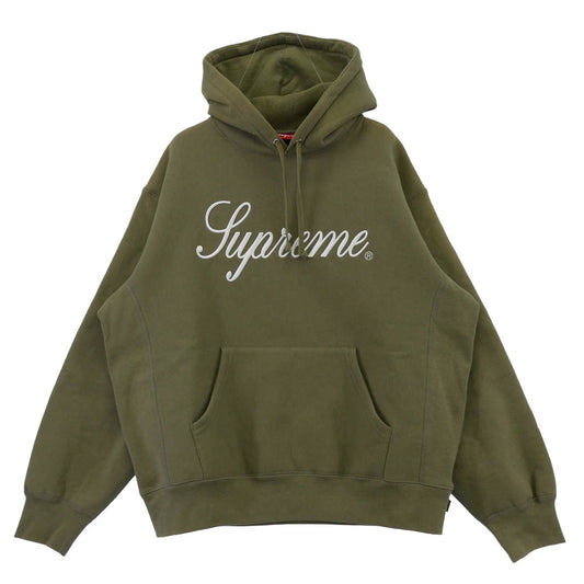 Supreme シュプリーム 23AW Raised Script Hooded Sweatshirt ロゴ刺繍 レイズド スクリプト プルオーバーパーカー フーディ グリーン系 M【中古】
