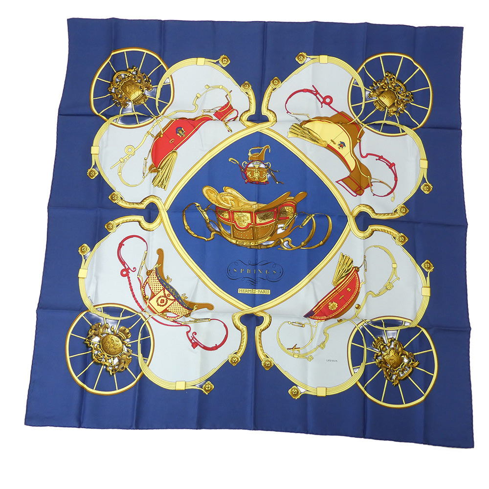 HERMES エルメス カレ90 springs 馬車 馬具モチーフ シルク スカーフ ネイビー系 マルチカラー系【中古】