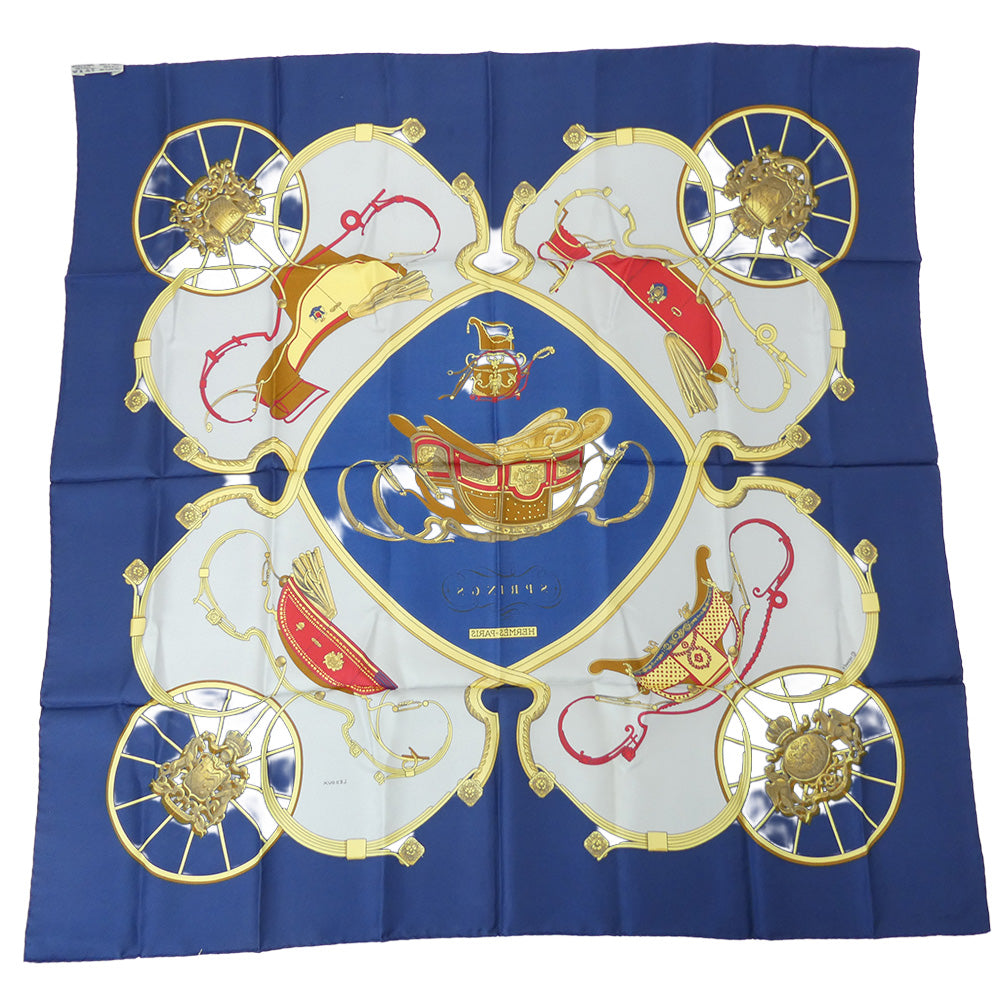 HERMES エルメス カレ90 springs 馬車 馬具モチーフ シルク スカーフ ネイビー系 マルチカラー系【中古】