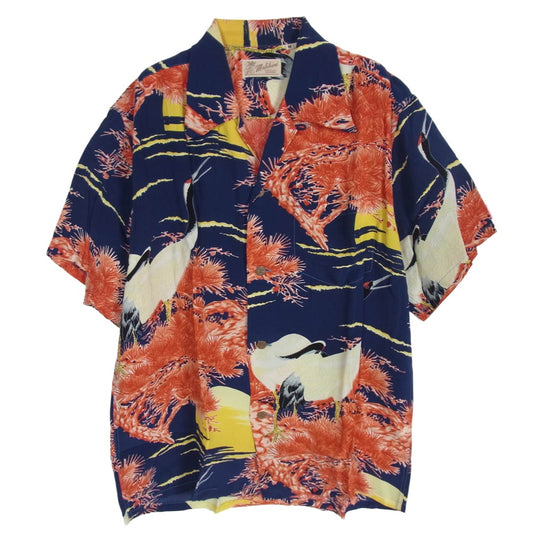 SUN SURF サンサーフ SS32945 SPECIAL EDITION スペシャルエディション CRANES WORD OF COMMAND MALIHINI 鶴 松 プリント レーヨン アロハシャツ ネイビー系 M【中古】