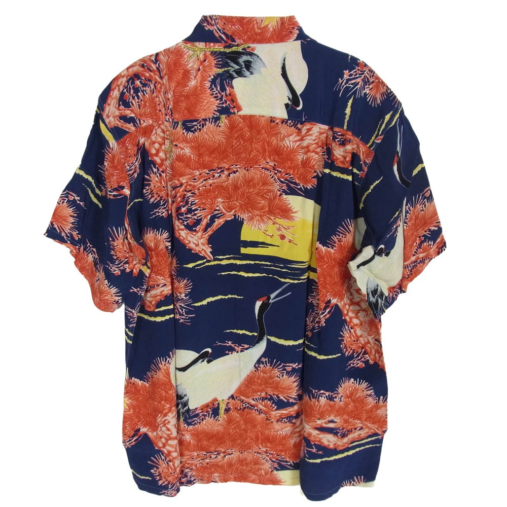 SUN SURF サンサーフ SS32945 SPECIAL EDITION スペシャルエディション CRANES WORD OF COMMAND MALIHINI 鶴 松 プリント レーヨン アロハシャツ ネイビー系 M【中古】