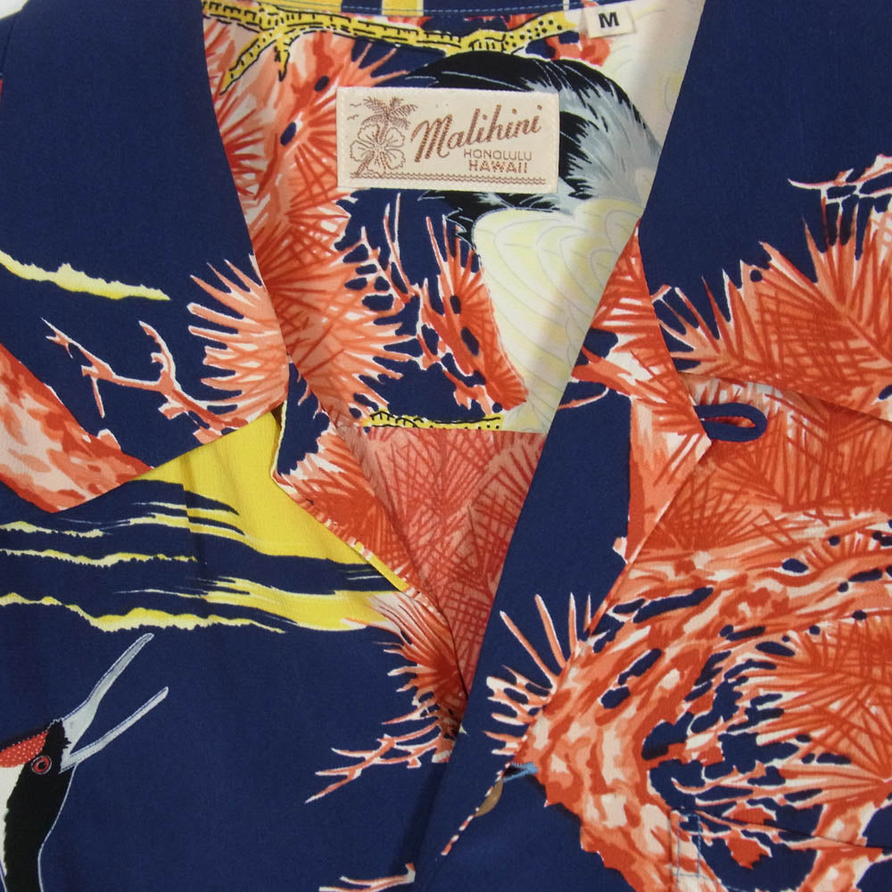 SUN SURF サンサーフ SS32945 SPECIAL EDITION スペシャルエディション CRANES WORD OF COMMAND MALIHINI 鶴 松 プリント レーヨン アロハシャツ ネイビー系 M【中古】