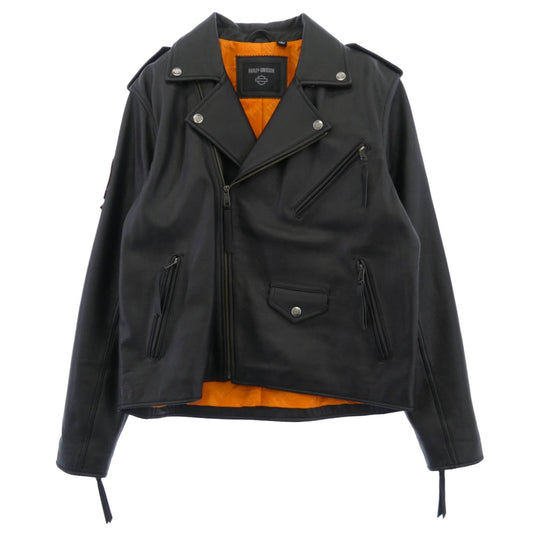 HARLEY DAVIDSON ハーレーダビッドソン 97030-24VM カウレザー 牛革 バック イーグル プリント パッチ付き 裏地ナイロン ダブル ライダース ジャケット ブラック系 オレンジ系 L【極上美品】【中古】