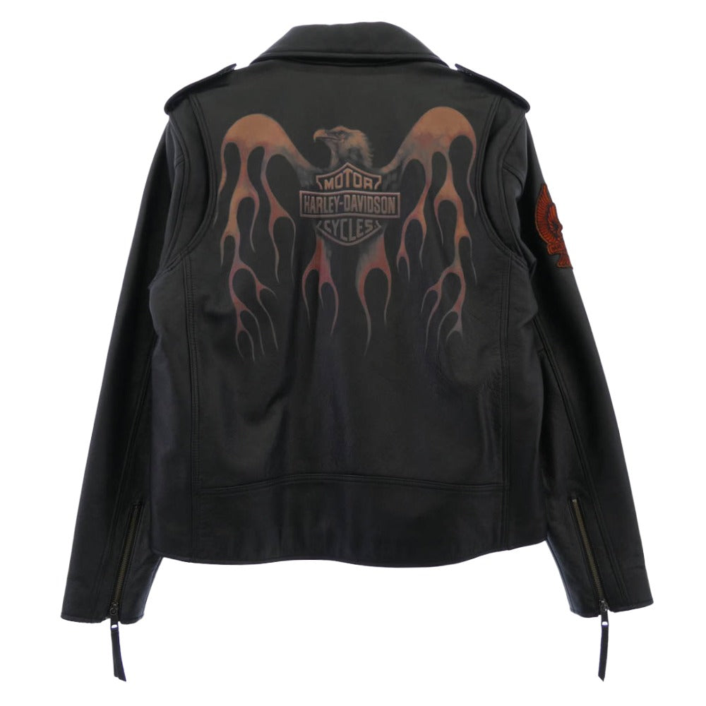 HARLEY DAVIDSON ハーレーダビッドソン 97030-24VM カウレザー 牛革 バック イーグル プリント パッチ付き 裏地ナイロン ダブル ライダース ジャケット ブラック系 オレンジ系 L【極上美品】【中古】