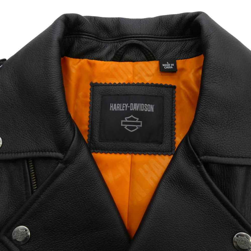HARLEY DAVIDSON ハーレーダビッドソン 97030-24VM カウレザー 牛革 バック イーグル プリント パッチ付き 裏地ナイロン ダブル ライダース ジャケット ブラック系 オレンジ系 L【極上美品】【中古】