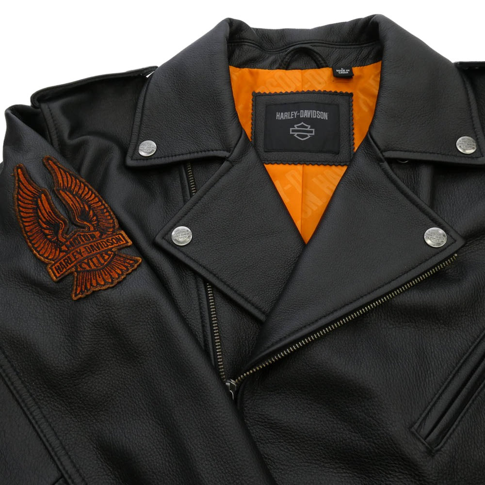 HARLEY DAVIDSON ハーレーダビッドソン 97030-24VM カウレザー 牛革 バック イーグル プリント パッチ付き 裏地ナイロン ダブル ライダース ジャケット ブラック系 オレンジ系 L【極上美品】【中古】