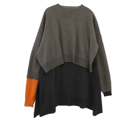 ENFOLD エンフォルド 300FA270-1320 DOUBLE-SLEEVES LAYERED PULLOVER ダブルスリーブ プルオーバー ニット ライトブラウン系 グレー系 オレンジ系 38【中古】