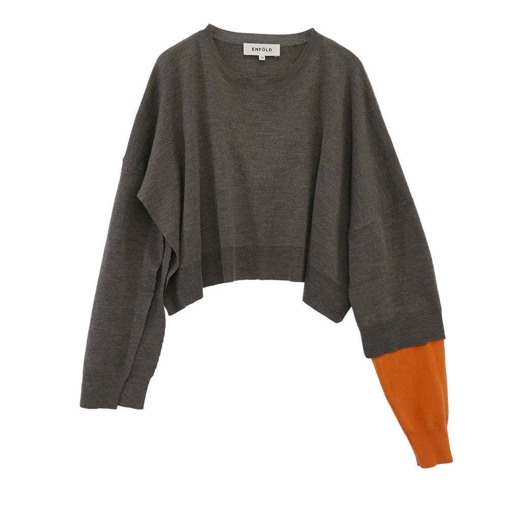 ENFOLD エンフォルド 300FA270-1320 DOUBLE-SLEEVES LAYERED PULLOVER ダブルスリーブ プルオーバー ニット ライトブラウン系 グレー系 オレンジ系 38【中古】