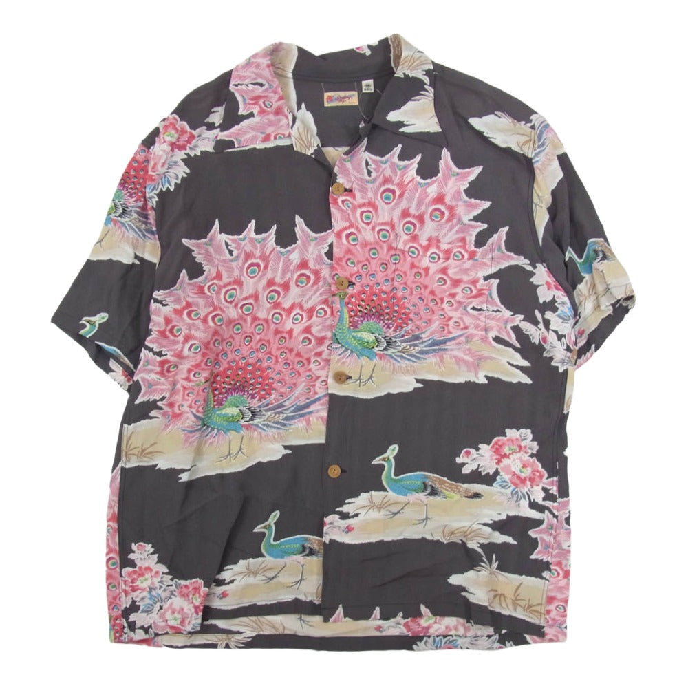 SUN SURF サンサーフ SS39214 RAYON HAWAIIAN SHIRT PIKAKE 和柄 孔雀 レーヨン ハワイアン 半袖 シャツ ピカケ チャコール系 M【美品】【中古】