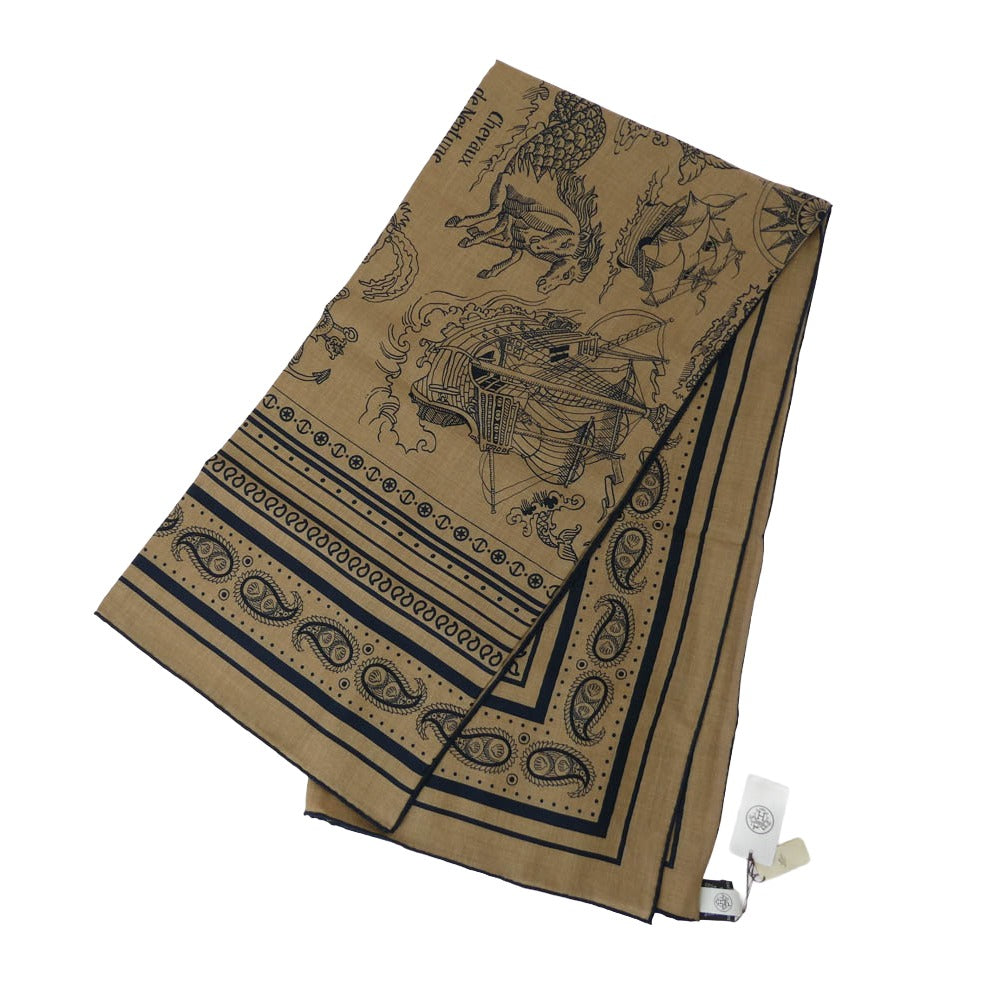 HERMES エルメス カレジェアン 船乗りのタトゥー・バンダナ カシミヤ シルク スカーフ ネイビー系 ライトブラウン系【新古品】【未使用】【中古】