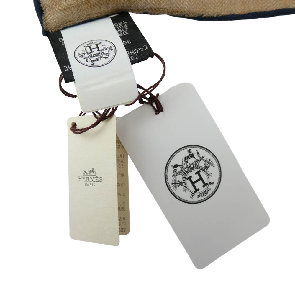 HERMES エルメス カレジェアン 船乗りのタトゥー・バンダナ カシミヤ シルク スカーフ ネイビー系 ライトブラウン系【新古品】【未使用】【中古】