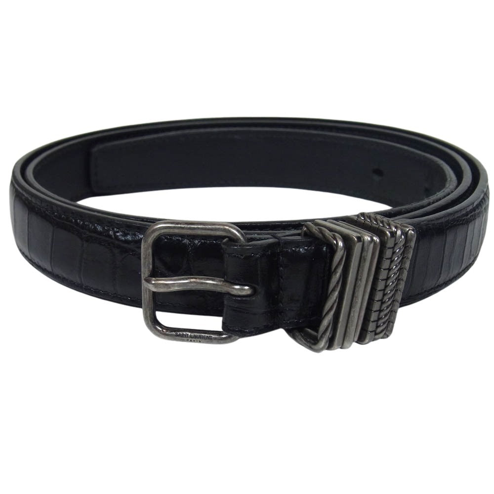 SAINT LAURENT サンローラン 649240 型押し レザー ベルト ブラック系【中古】