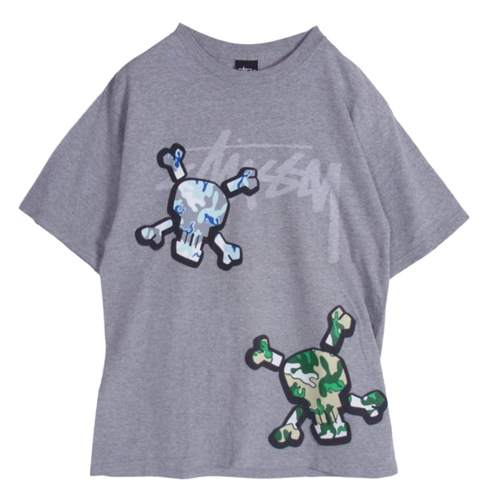 STUSSY ステューシー メキシコ製 SKULL TEE スカル ドクロ カモ フロント バック プリント Ｔシャツ 半袖カットソー グレー系 S【中古】
