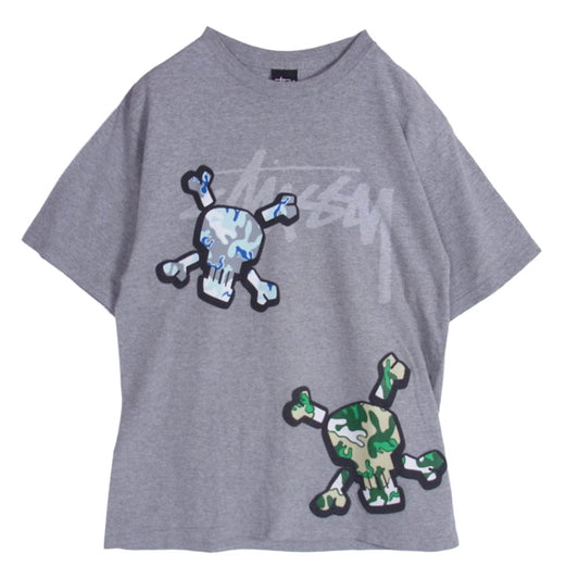 STUSSY ステューシー メキシコ製 SKULL TEE スカル ドクロ カモ フロント バック プリント Ｔシャツ 半袖カットソー グレー系 S【中古】
