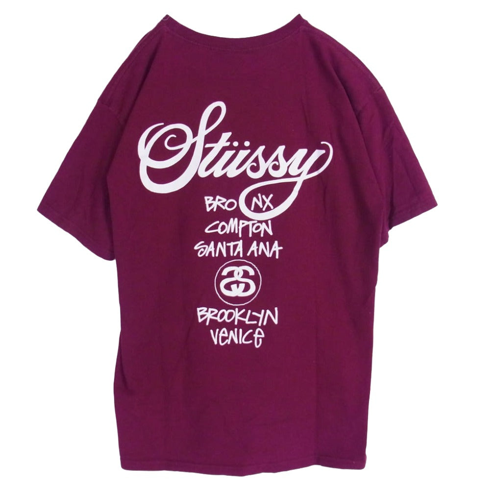 STUSSY ステューシー メキシコ製 ワールドツアー ストックロゴ フロント バック プリント Ｔシャツ 半袖カットソー エンジ系 M【中古】