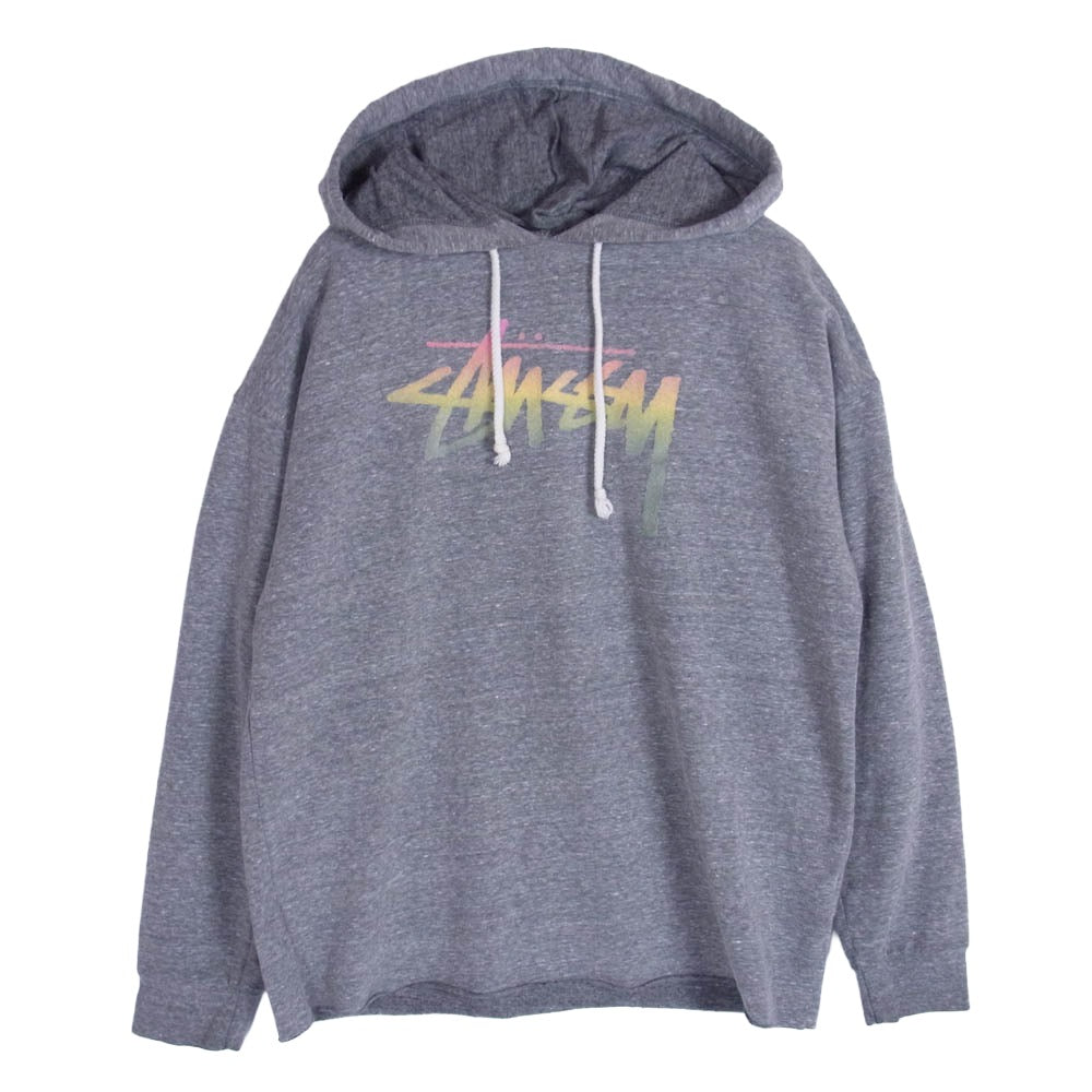 STUSSY ステューシー フロッキープリント ストックロゴ カットオフ加工 フーディー プルオーバー パーカー グレー系 S【中古】