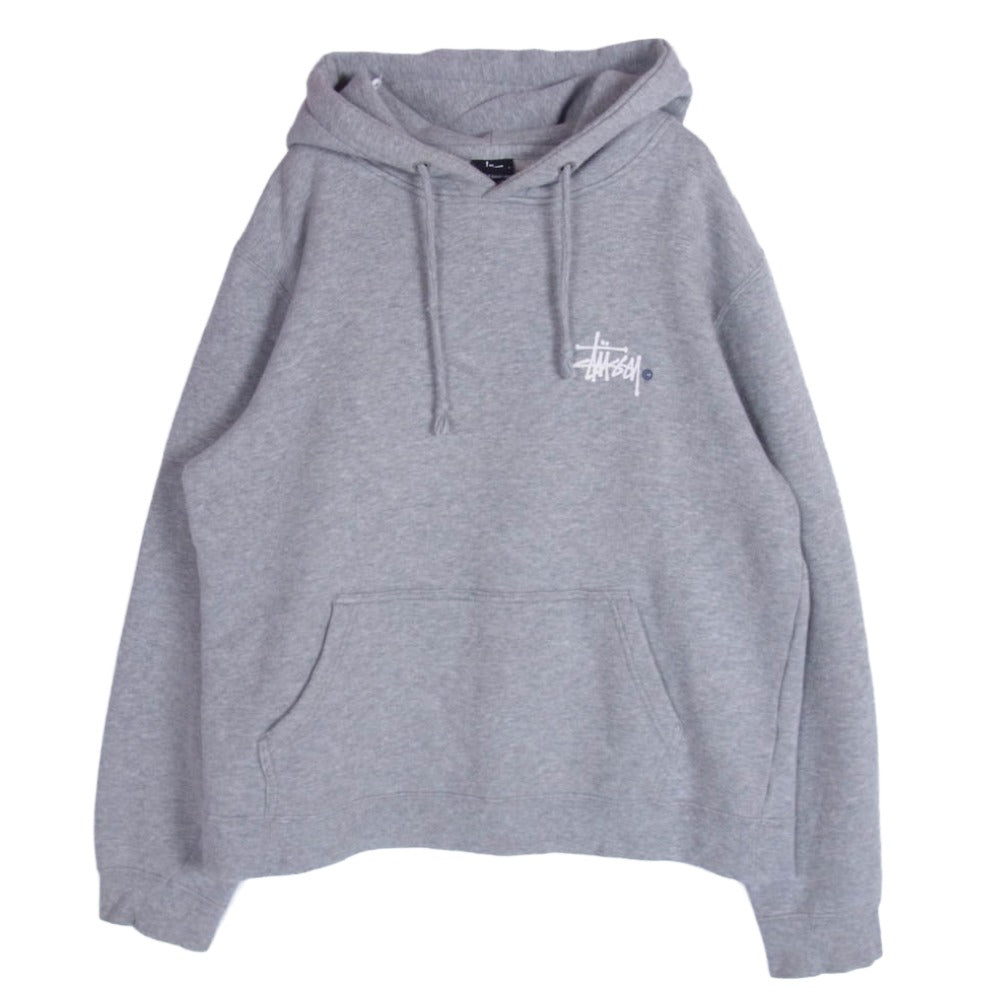 STUSSY ステューシー ストックロゴ フロント バック プリント フーディー プルオーバー パーカー グレー系 S【中古】