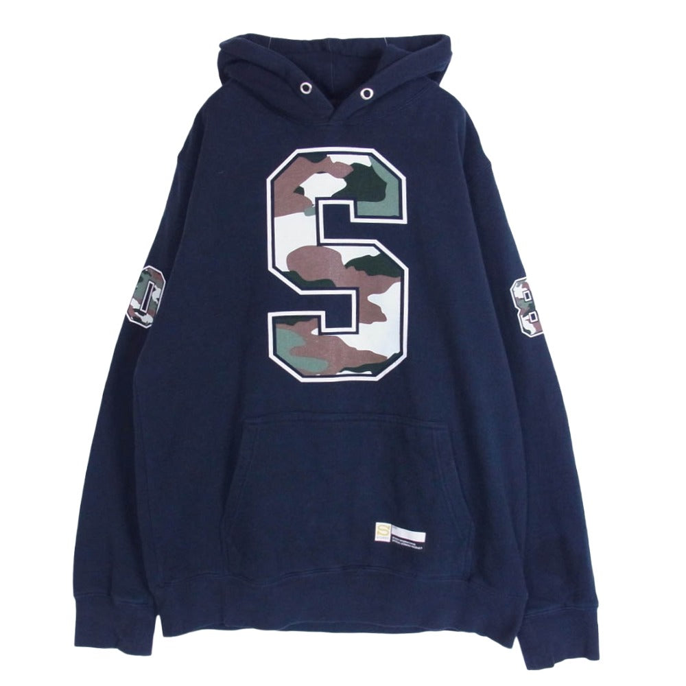 STUSSY ステューシー 【フェイクバスターズ鑑定済】 迷彩 Sロゴ プルオーバー フーディー パーカー ネイビー系 M【中古】