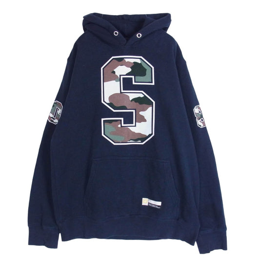 STUSSY ステューシー 【フェイクバスターズ鑑定済】 迷彩 Sロゴ プルオーバー フーディー パーカー ネイビー系 M【中古】