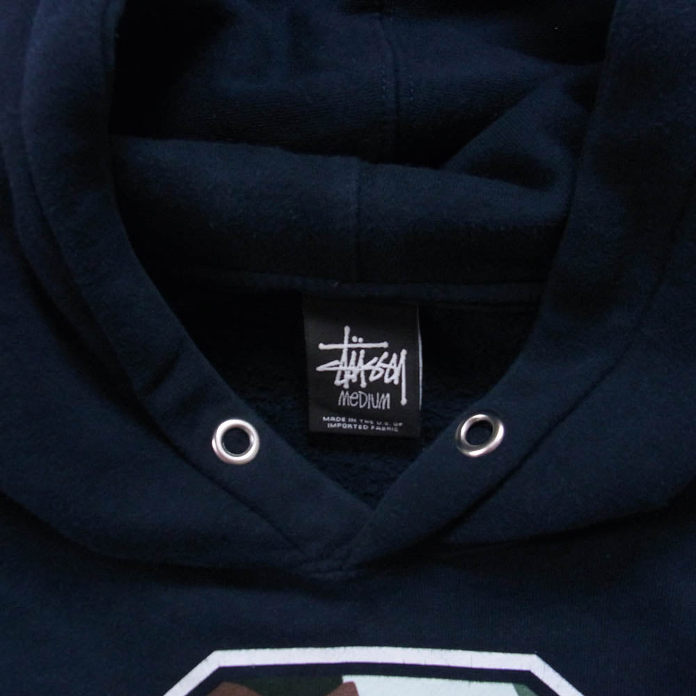 STUSSY ステューシー 【フェイクバスターズ鑑定済】 迷彩 Sロゴ プルオーバー フーディー パーカー ネイビー系 M【中古】