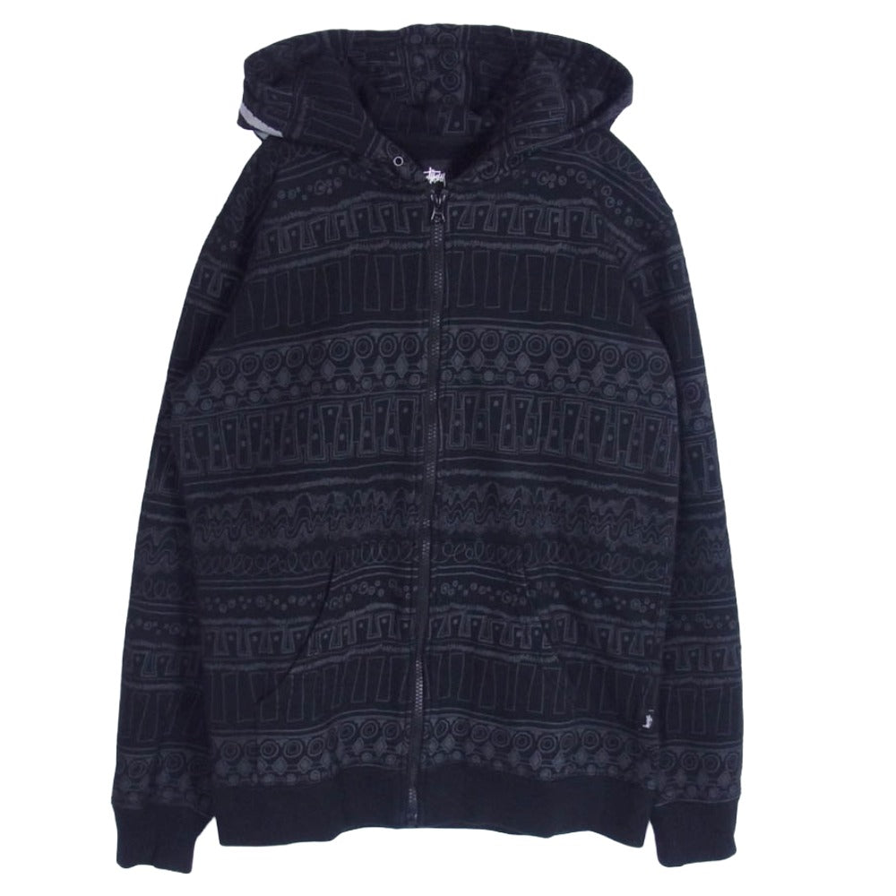 STUSSY ステューシー ストックロゴ 総柄トムトム柄 ジップ アップ フーディー パーカー ブラック系 M【中古】