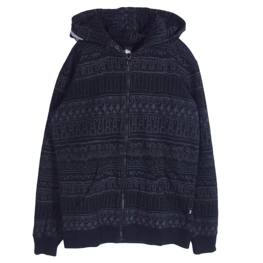 STUSSY ステューシー ストックロゴ 総柄トムトム柄 ジップ アップ フーディー パーカー ブラック系 M【中古】