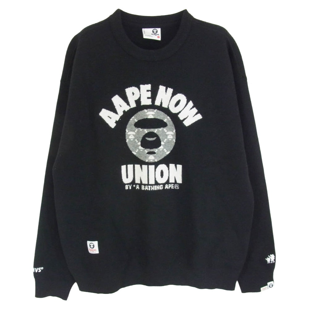 A BATHING APE アベイシングエイプ AAPKNMB370XXN 【フェイクバスターズ鑑定済】AAPENOW moonface logo crew neck knit pullover エーエイプ ナウ ムーンフェイス ロゴ クルーネック ニット プルオーバー セーター ブラック系 L【中古】