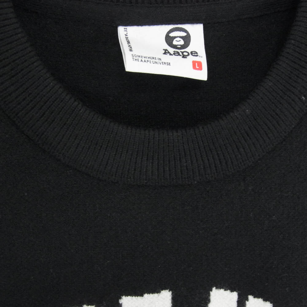 A BATHING APE アベイシングエイプ AAPKNMB370XXN 【フェイクバスターズ鑑定済】AAPENOW moonface logo crew neck knit pullover エーエイプ ナウ ムーンフェイス ロゴ クルーネック ニット プルオーバー セーター ブラック系 L【中古】