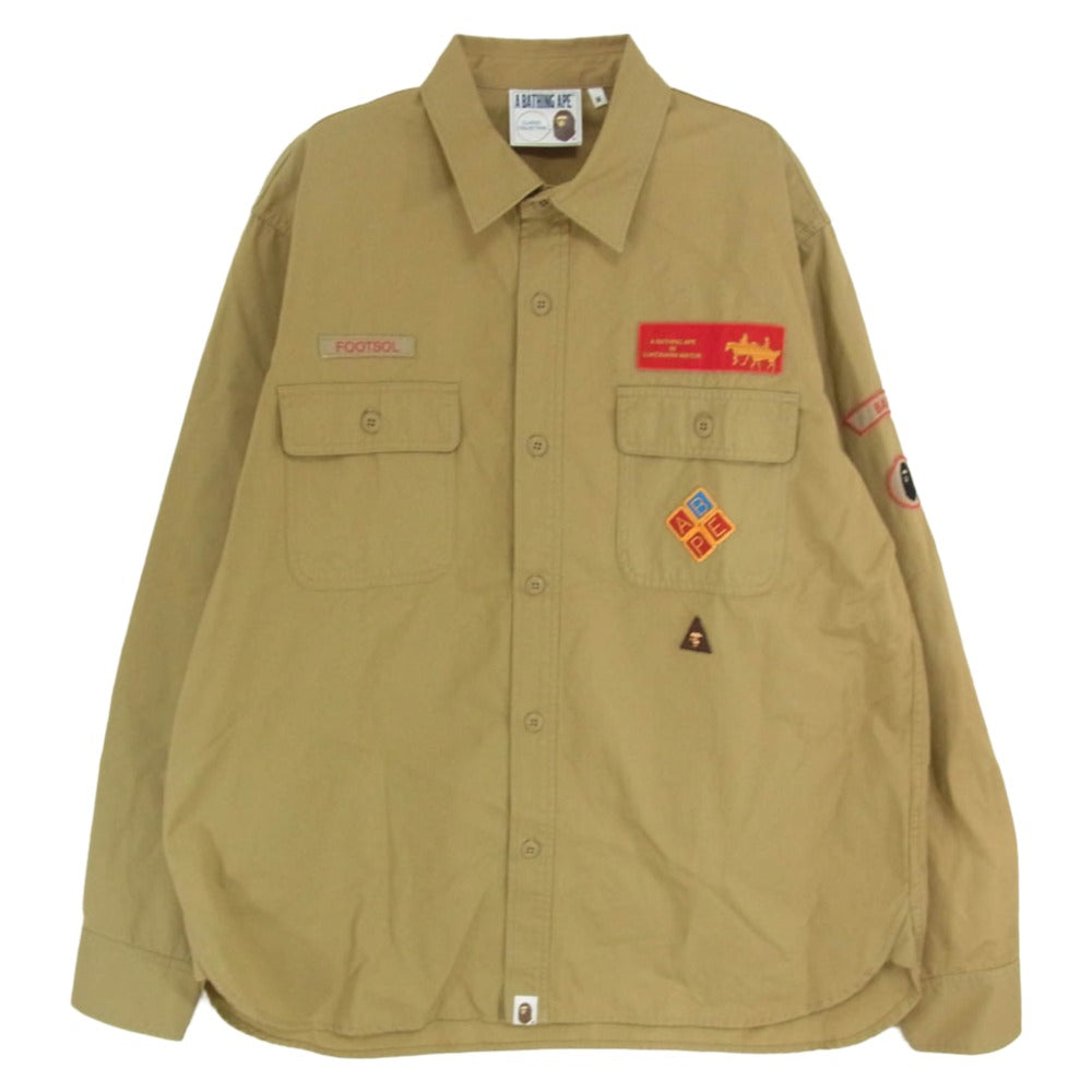 A BATHING APE アベイシングエイプ CLASSIS COLLECTION RELAXED FIT BOYSCOUT SHIRT 復刻 ワッペン付 ボーイスカウト 長袖 シャツ ブラウン系 M【美品】【中古】