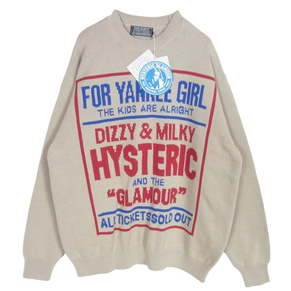 HYSTERIC GLAMOUR ヒステリックグラマー 26SS 02261NS01 DIZZY & MILKY インターシャ編み ディジー アンド ミルキー コットン セーター ニット ベージュ系 L【新古品】【未使用】【中古】