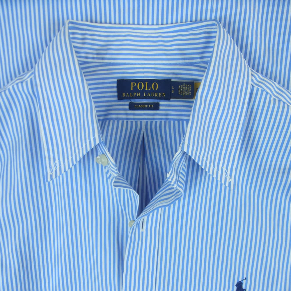 POLO RALPH LAUREN ポロ・ラルフローレン ボタンダウン ストライプ 長袖 シャツ ベトナム製 ライトブルー系 ホワイト系 L【中古】