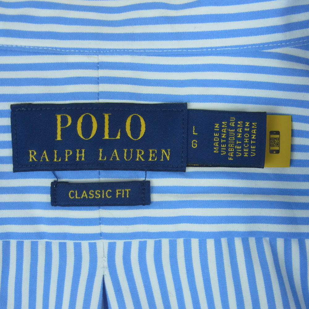 POLO RALPH LAUREN ポロ・ラルフローレン ボタンダウン ストライプ 長袖 シャツ ベトナム製 ライトブルー系 ホワイト系 L【中古】