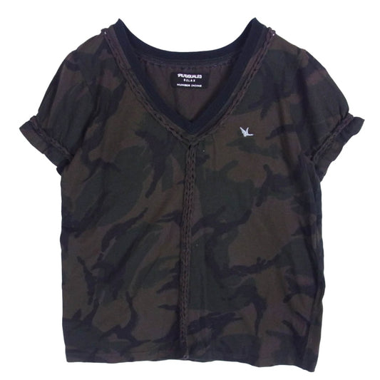 1piu1uguale3 ウノピュウノウグァーレトレ RELAX リラックス Wネーム 折り鶴刺繍 カモフラ Vネック タイトフィット カットソー 半袖 Tシャツ モスグリーン系 S【中古】