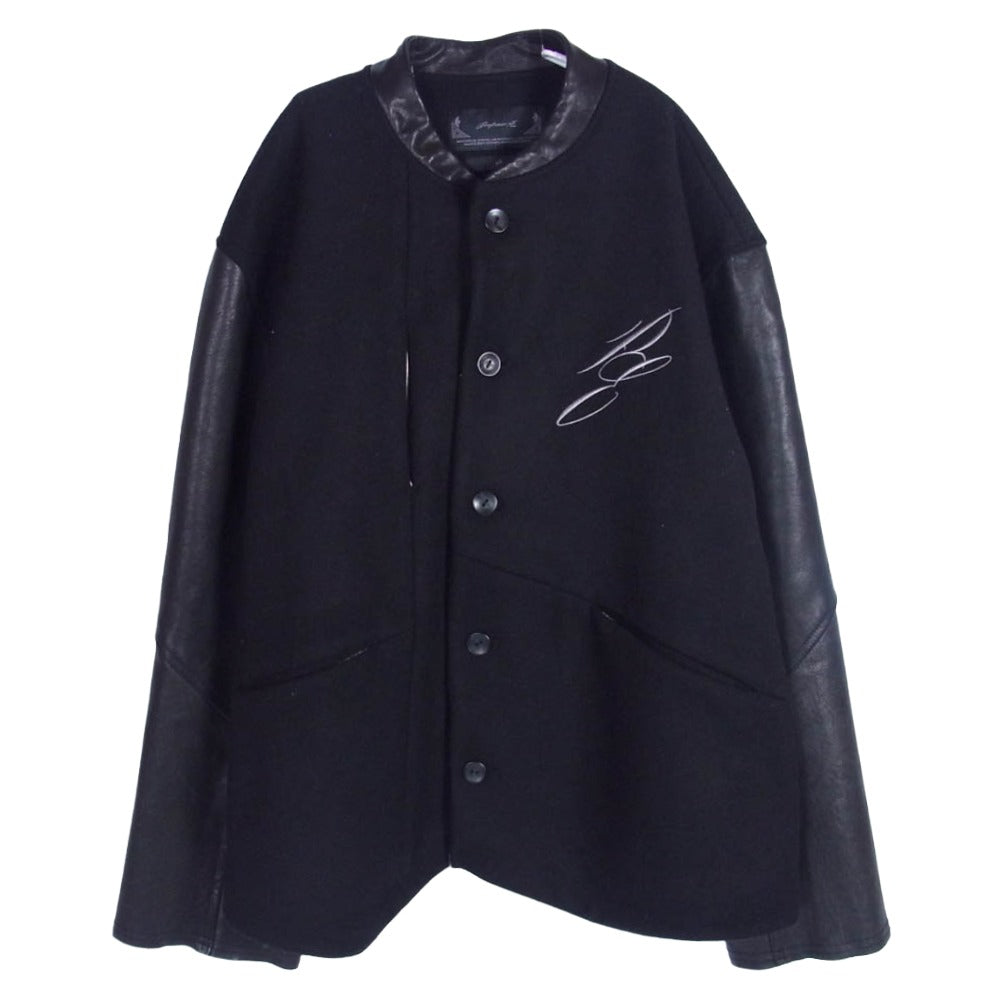 プロフェッサーイー 21AW 21FW-PE-JKT-10 Varsity Jkt Stadium Jacket ウール混 袖レザー 裏地総柄 バーシティ スタジアム ジャケット スタジャン ブラック系 48【中古】
