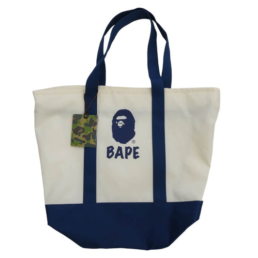 A BATHING APE アベイシングエイプ 1M20182001 ロゴ プリント トート バッグ ホワイト系 ブルー系【新古品】【未使用】【中古】