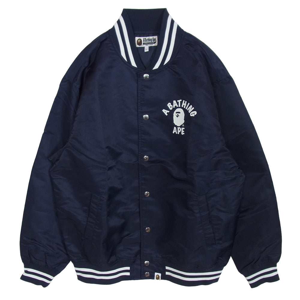 A BATHING APE アベイシングエイプ ロゴ プリント スタジャン ブルゾン ジャケット ダークネイビー系 L【極上美品】【中古】