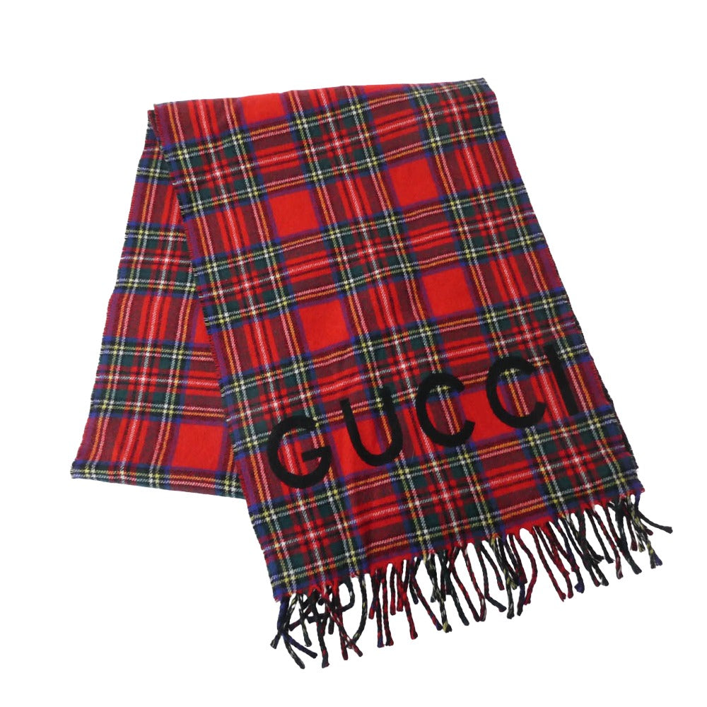 GUCCI グッチ 597530 タータン チェック ロゴ フリンジ マフラー レッド系 ブラック系【中古】