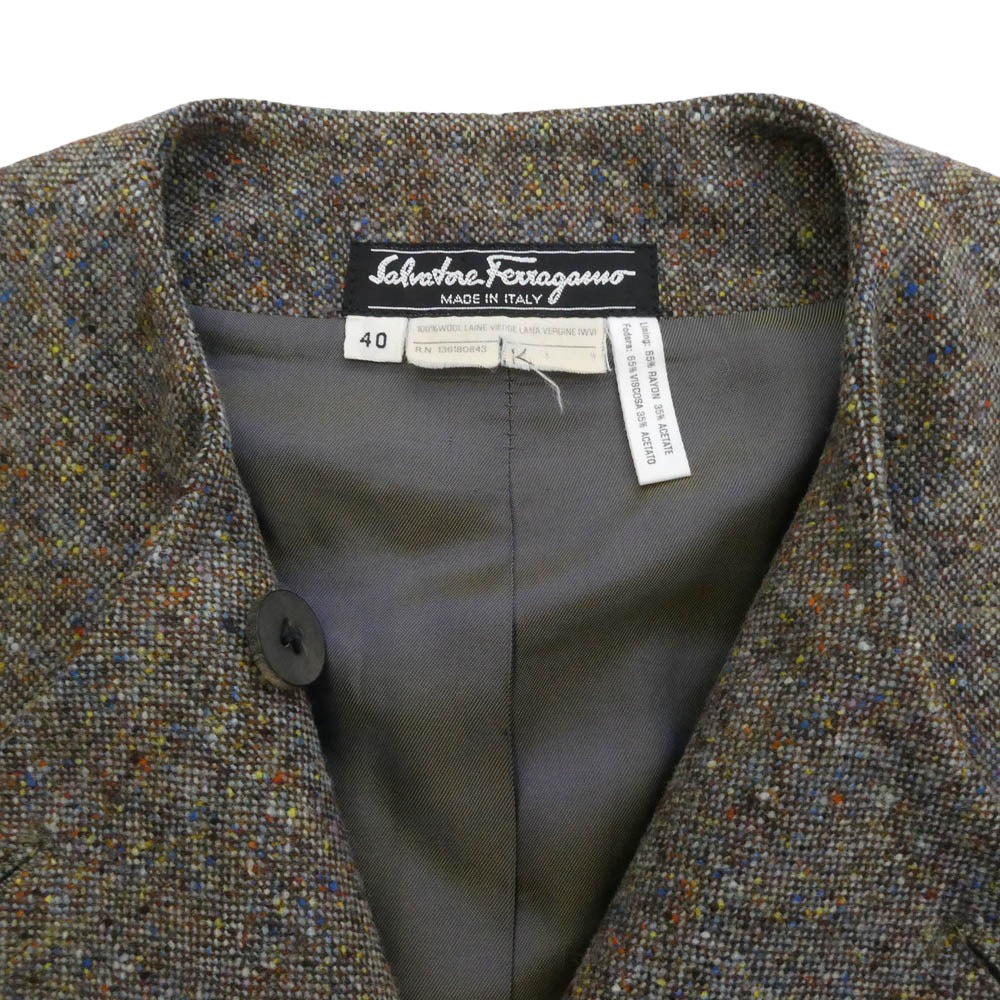 Salvatore Ferragamo サルヴァトーレフェラガモ ウール ノーカラー ジャケット ミドル丈スカート セットアップ ブラウン系 上下40サイズ【中古】