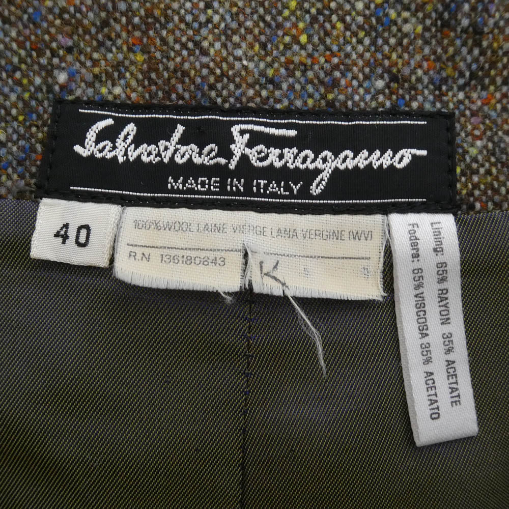 Salvatore Ferragamo サルヴァトーレフェラガモ ウール ノーカラー ジャケット ミドル丈スカート セットアップ ブラウン系 上下40サイズ【中古】