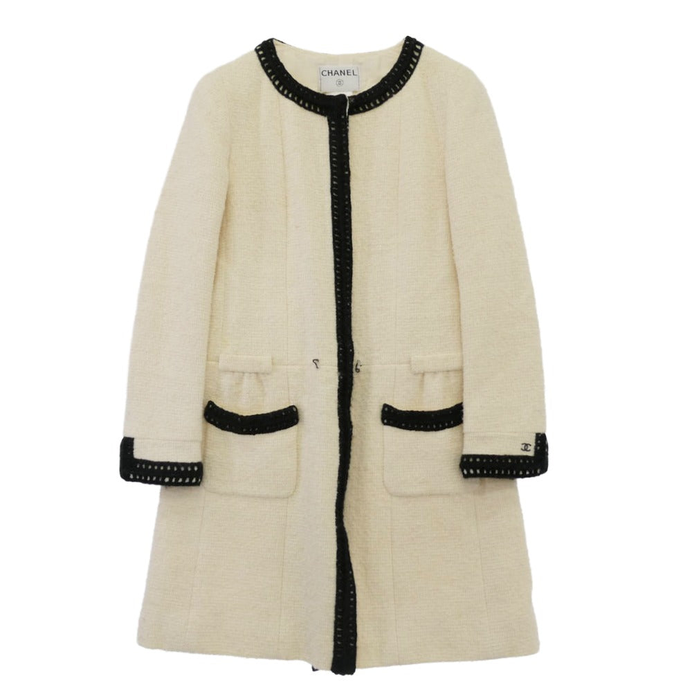 CHANEL シャネル P16295V08789 ココマーク付き ノーカラー モヘア混 ツイード ワンピース オフホワイト系 40【中古】
