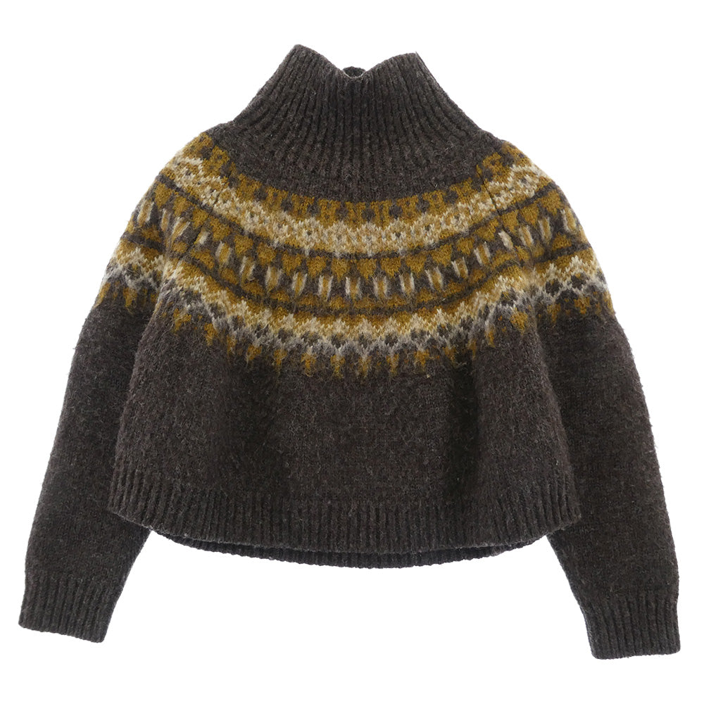 CELINE セリーヌ 2A08T 120O Wool short knit sweater ノルディック ハイネック クロップド ショート ニット セーター ブラウン系 S【中古】