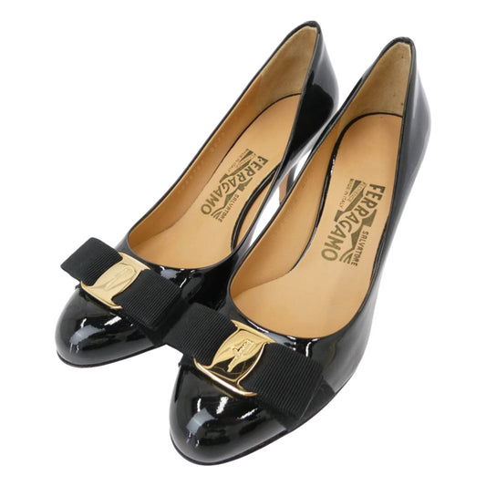 Salvatore Ferragamo サルヴァトーレフェラガモ 574563 CARLA 70 リボン ヒール パンプス ブラック系 6【極上美品】【中古】