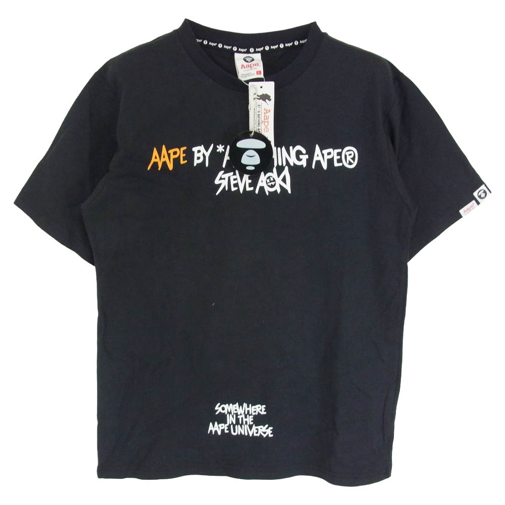 A BATHING APE アベイシングエイプ AAPTEM9252XXA × AAPE BY A BATHING エーエイプバイアベイシングエイプ バックプリント Tシャツ 半袖カットソー ブラック系 S【極上美品】【中古】