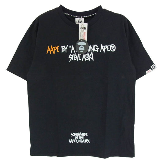A BATHING APE アベイシングエイプ AAPTEM9252XXA × AAPE BY A BATHING エーエイプバイアベイシングエイプ バックプリント Tシャツ 半袖カットソー ブラック系 M【極上美品】【中古】