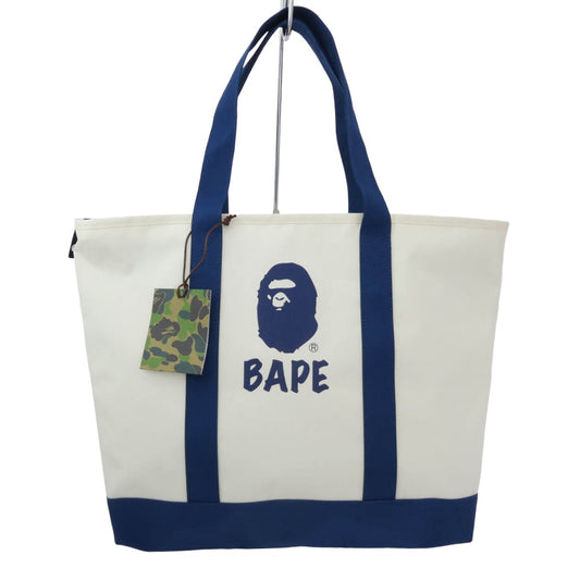 A BATHING APE アベイシングエイプ 001GDM201001H BAPE ロゴ プリント トートバッグ ホワイト系 ブルー系【極上美品】【中古】