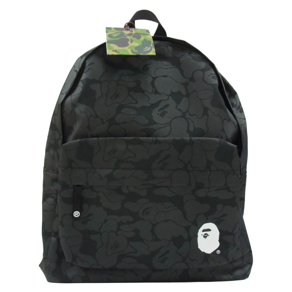 A BATHING APE アベイシングエイプ 001GDM201002H 猿迷彩 サルカモ 総柄 フェイス ロゴ プリント バックパック リュック ブラック系【極上美品】【中古】