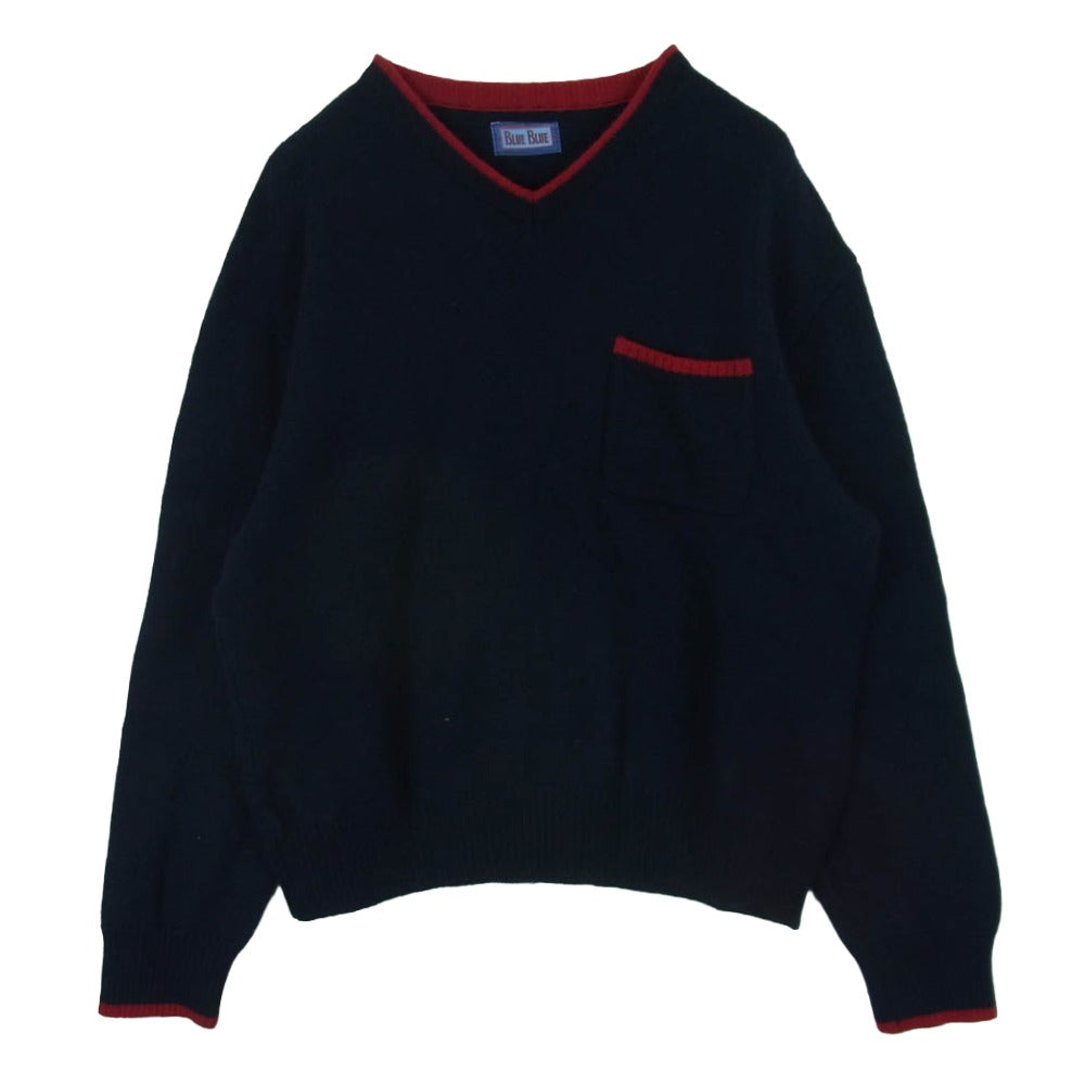BLUE BLUE ブルーブルー Vネック レッドライン ニット ウール 日本製 ダークネイビー系 2【中古】